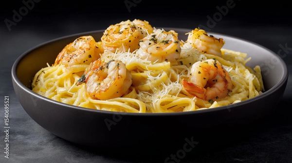 Fototapeta A bowl of creamy shrimp scampi tossed with al dente linguine, buttery garlic sauce, lemon zest, and Parmesan