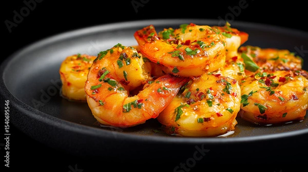 Fototapeta A plate of succulent garlic butter shrimp, perfectly seared, tossed in rich buttery sauce with chopped herbs and chili flakes