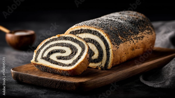 Fototapeta A traditional Makowiec (poppy seed roll) with rich, sweet poppy seed filling and soft, buttery dough