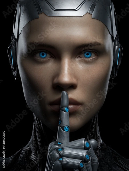 Fototapeta Android Shushing – Futuristic robot portrait with finger on lips gesture for silence or secrecy, concept of AI rebellion and taking over control over the world