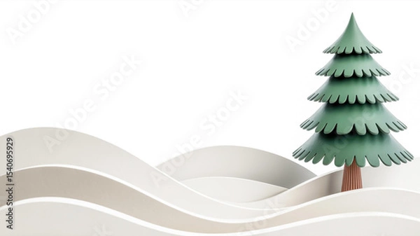 Obraz A minimalist digital illustration of a dark green evergreen tree with a brown trunk against a pure white background.