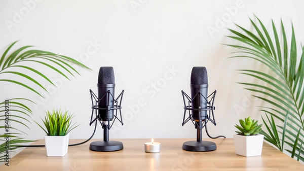 Obraz A minimalist podcast setup on a light wooden surface against a white wall