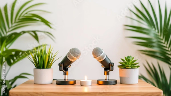 Obraz A minimalist podcast setup on a light wooden surface against a white wall