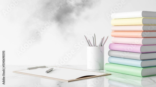 Obraz A minimalist workspace setup on a white marble surface with subtle gray veining