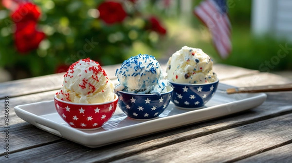 Fototapeta Red, white, and blue ice cream bowls with patriotic icing on a tray under a maple tree in warm morning sunshine