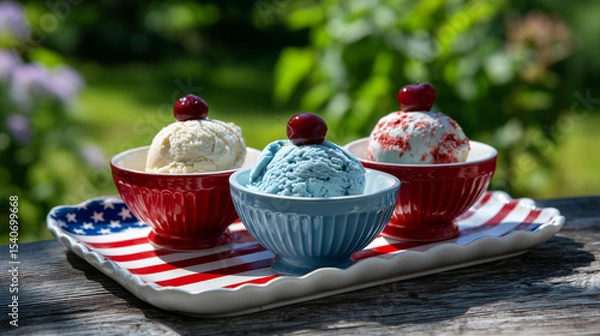 Fototapeta Red, white, and blue ice cream bowls with patriotic icing on a tray under a maple tree in warm morning sunshine