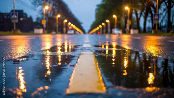 Obraz A moody nighttime photograph of a wet road with yellow road markings, captured in a low-angle perspective.