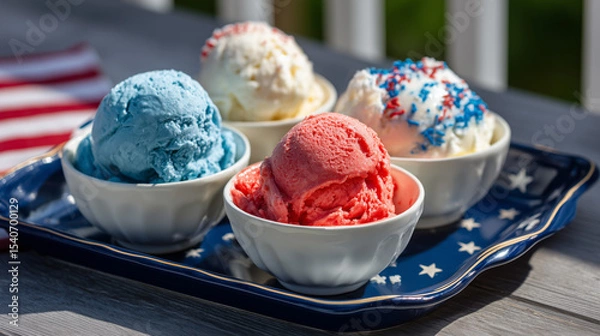 Fototapeta Red, white, and blue ice cream bowls with patriotic icing on a tray under a maple tree in warm morning sunshine