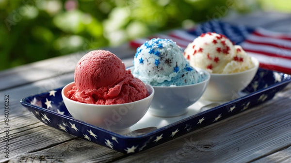 Fototapeta Red, white, and blue ice cream bowls with patriotic icing on a tray under a maple tree in warm morning sunshine