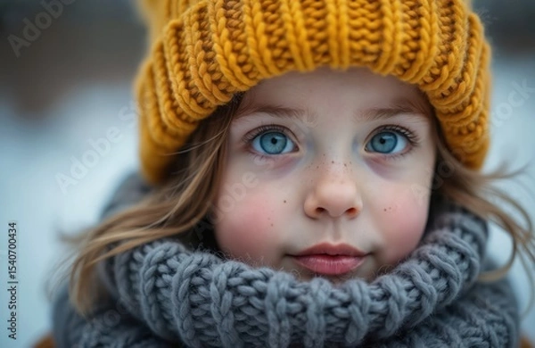 Fototapeta Child with striking blue eyes wears yellow beanie, cozy scarf on winter day. Outdoor portrait featuring freckles, soft lighting. Youthful beauty expression, natural look. Cold weather, winter fashion