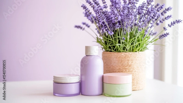 Obraz A product photography composition featuring three pastel-colored skincare containers against a soft pink and purple gradient background.