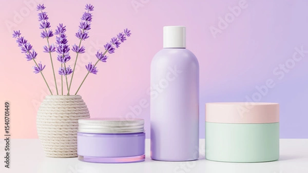 Obraz A product photography composition featuring three pastel-colored skincare containers against a soft pink and purple gradient background.