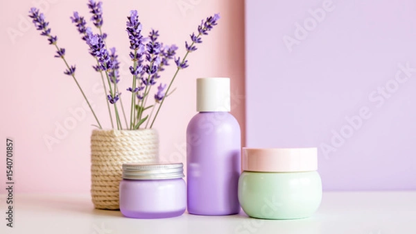Obraz A product photography composition featuring three pastel-colored skincare containers against a soft pink and purple gradient background.