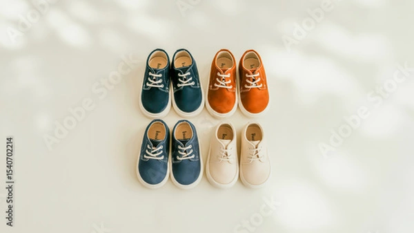 Obraz A product photography layout of four pairs of children's casual shoes arranged in a 2x2 grid against a white background