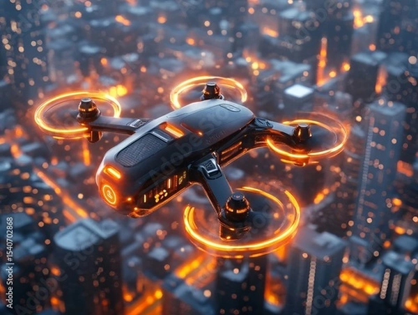 Fototapeta Hovering Drone with Glowing Orange Interface in Urban Setting