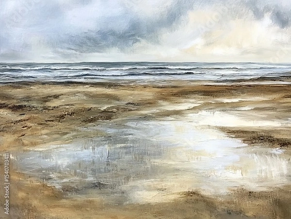 Fototapeta Low Tide Shoreline With Wet Sand Reflecting Ocean