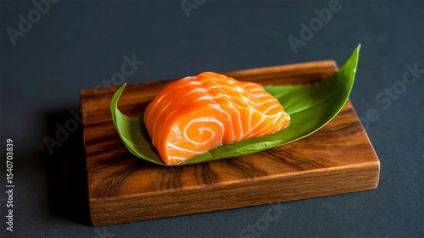 Obraz A professional food photography composition featuring a slice of fresh salmon sashimi on a dark wooden cutting board against a black background