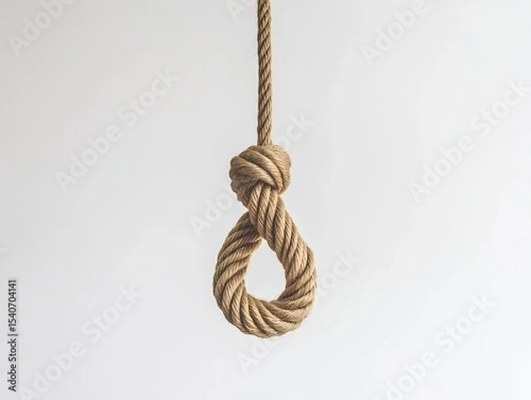 Fototapeta Minimalist Beige Twine Loop Knot Suspended Mid-Air Against White Background