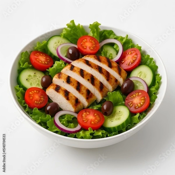 Fototapeta Chicken salad with fresh vegetables in white bowl