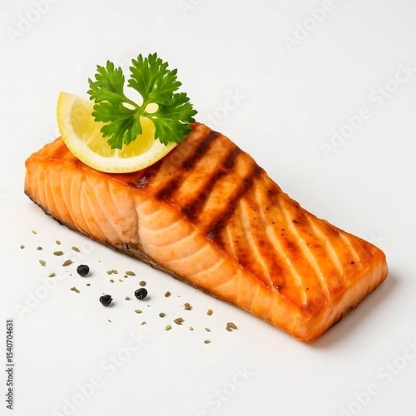 Fototapeta Grilled salmon fillet with lemon and herbs on white background