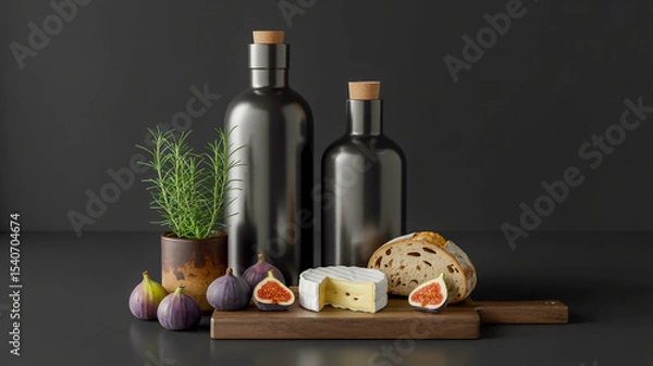 Obraz Still life oil painting featuring fresh bread, cheese, and a bottle of red wine with healthy green vegetables and olive oil