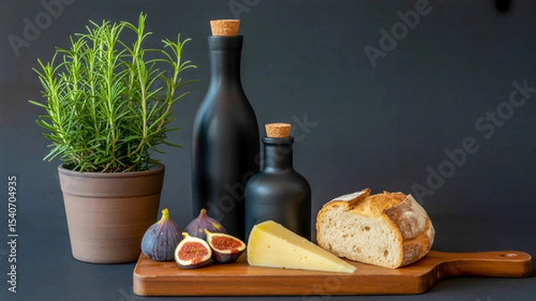 Obraz A professional food photography composition on a black background. In the center, there are two matte black glass bottles with cork stoppers