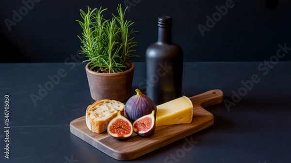Obraz Still life oil painting featuring fresh bread, cheese, and a bottle of red wine with healthy green vegetables and olive oil