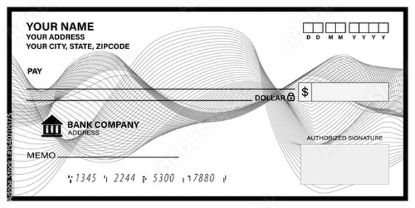 Obraz Blank Cheque template of the bank. Checkbook cheque page with empty fields to fill