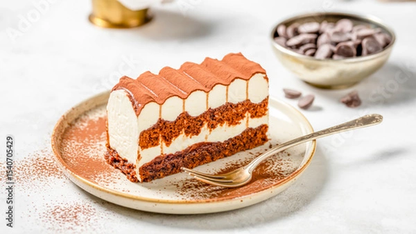Obraz A professional food photography shot of a slice of tiramisu cake on a speckled beige ceramic plate.