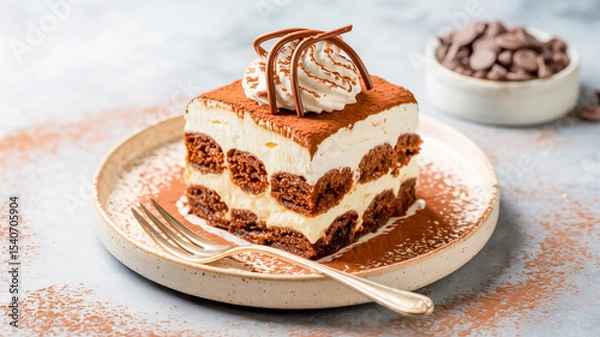 Obraz A professional food photography shot of a slice of tiramisu cake on a speckled beige ceramic plate.