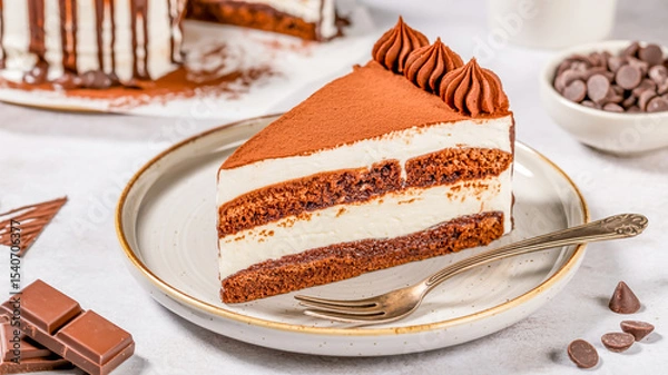 Obraz A professional food photography shot of a slice of tiramisu cake on a speckled beige ceramic plate.