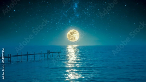 Obraz A serene nighttime seascape photograph with a full moon rising over dark blue waters.