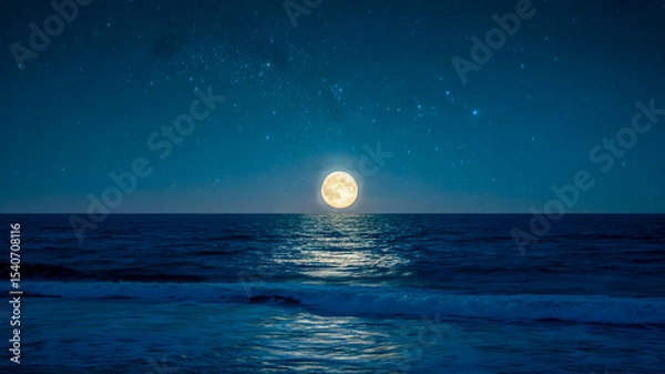 Obraz A serene nighttime seascape photograph with a full moon rising over dark blue waters.
