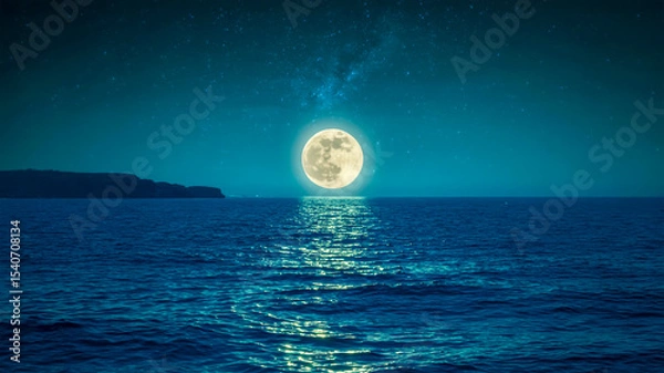 Obraz A serene nighttime seascape photograph with a full moon rising over dark blue waters.