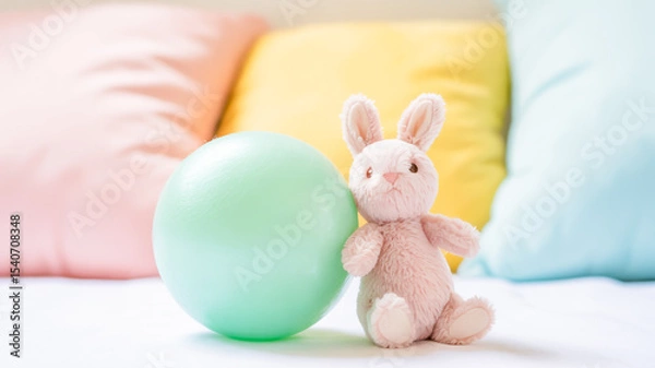 Obraz A soft, pastel photograph of a mint green spherical ball and a small plush bunny toy against a blurred background of pastel-colored cushions