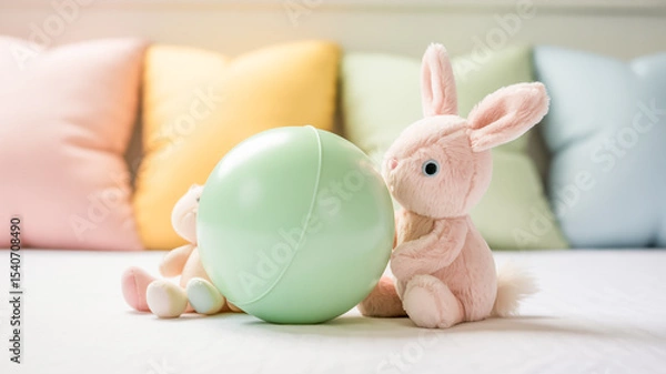 Obraz A soft, pastel photograph of a mint green spherical ball and a small plush bunny toy against a blurred background of pastel-colored cushions