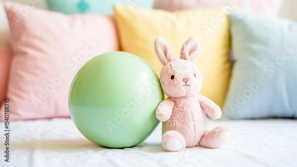 Obraz A soft, pastel photograph of a mint green spherical ball and a small plush bunny toy against a blurred background of pastel-colored cushions
