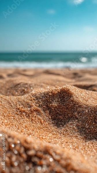 Fototapeta Close up of beach sand with ocean in background creating relaxing summer scene