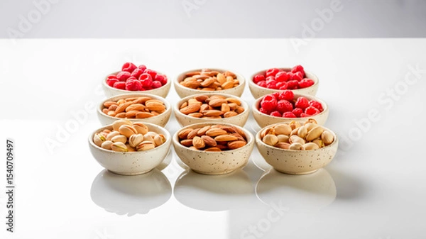 Obraz A top-down view of 9 small speckled beige ceramic bowls arranged in a 3x3 grid on a white background