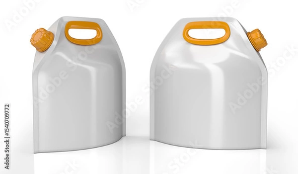 Fototapeta White plastic soft flask with yellow handle and screw cap. Liquid packaging pouches. 3d illustration on white background