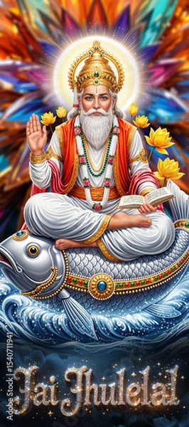 Fototapeta Jhulelal God with Lavish Colourful Background and aJhulelal blessing artwork of Jhulelal seated on a royal fish with glowing aura, Jai Jhulelal divine spiritual portrait with vibrant colors and lotus 