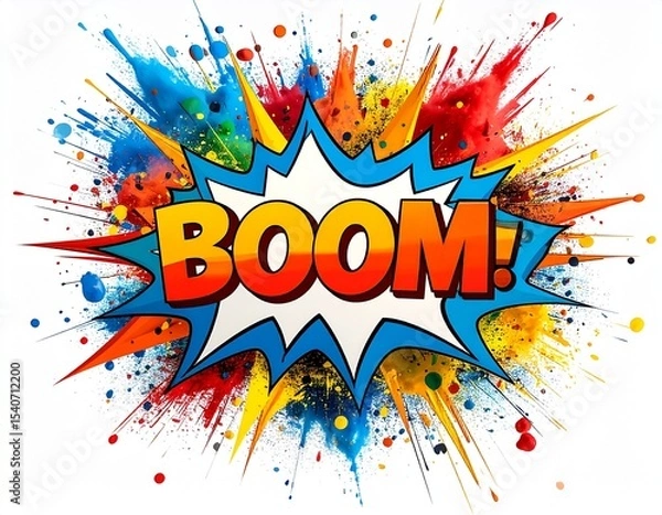 Obraz Dynamic Comic Book Style "BOOM!" with Colorful Paint Splatters