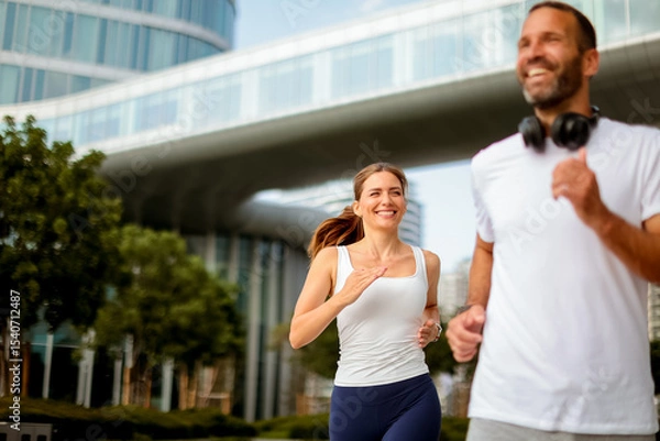 Obraz Urban joggers enjoy a sunny morning run in a modern cityscape filled with greenery and bright architecture