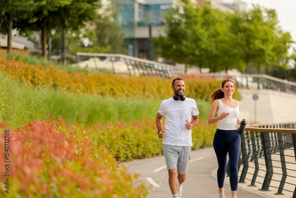 Obraz Morning jogs bring joy and energy to an urban park with vibrant foliage and happy conversations