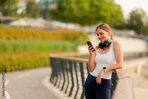 Obraz Enjoying a peaceful moment while listening to music at the riverside promenade during golden hour