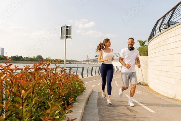 Obraz Couple enjoys a joyful run along the scenic waterfront path on a sunny afternoon