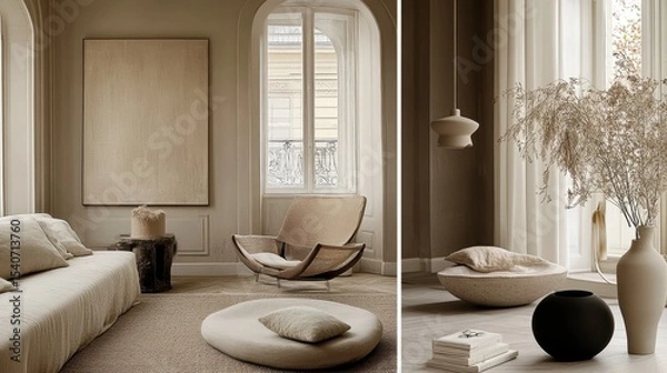 Obraz moodboard of interior design, Scandinavian, Japandi styles