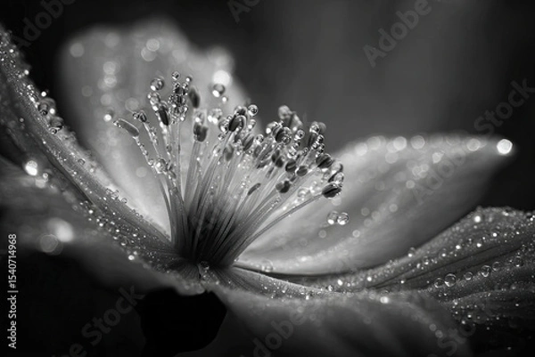 Fototapeta Macro close-up of dew-covered flower stamen with soft bokeh background