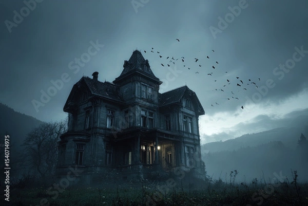 Fototapeta Spooky haunted victorian mansion with broken windows and fog at twilight