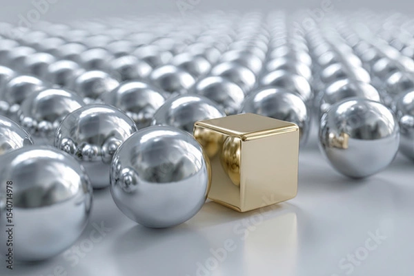 Fototapeta Rows of silver metallic spheres with a single golden cube on neutral background